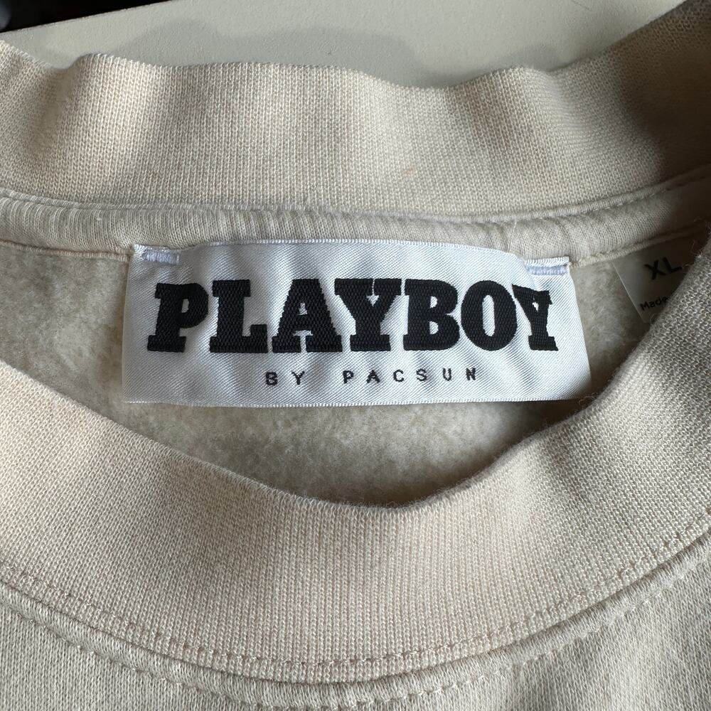 Playboy x PacSun Men’s Puffy Logo Crewneck Sweatshirt Cream Beige Minimalist- XL - Picture 4 of 9